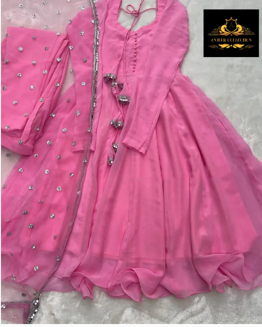 3pc V Neck Long Sleeves Maxi With Handwork And Lace Attached On Dupatta 3Pcs