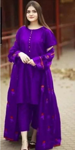 Stitched Flower Embroidery Gown With Sleeves Neck Lace 3 pcs