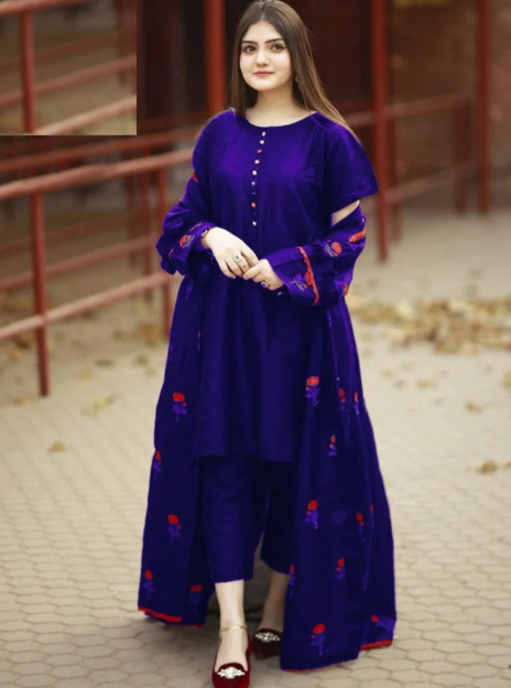 Stitched Flower Embroidery Gown With Sleeves Neck Lace 3 pcs