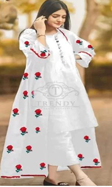 Stitched Flower Embroidery Gown With Sleeves Neck Lace 3 pcs