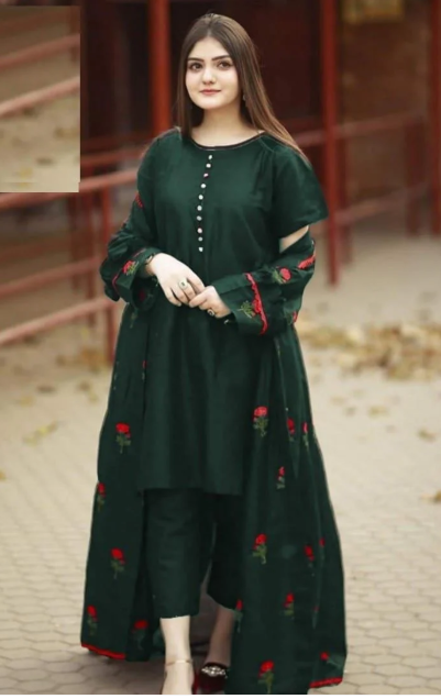 Stitched Flower Embroidery Gown With Sleeves Neck Lace 3 pcs