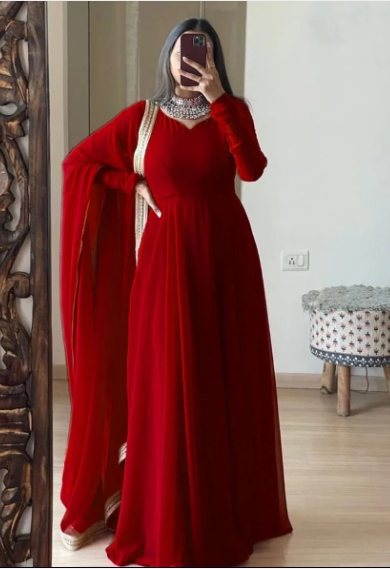 Stitched V Neck Chiffon Maxi With Four Side Lace Dupatta And Trouser